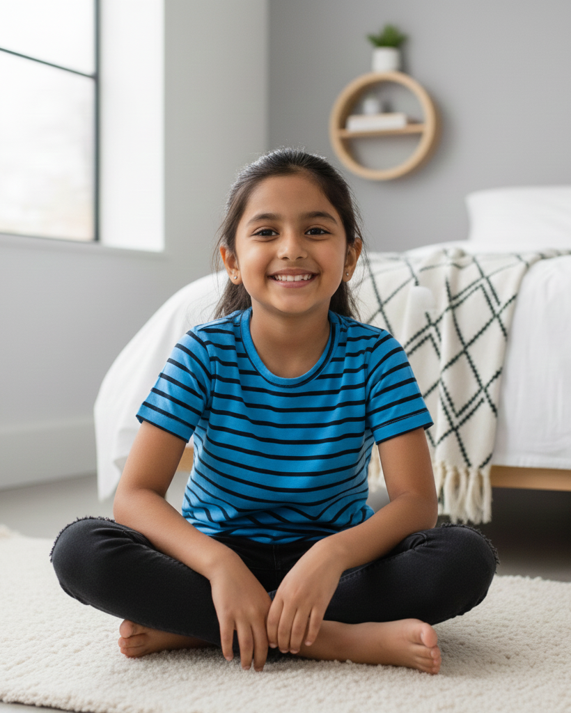 Young girl sitting on a rug in a room with a couch and window in the background