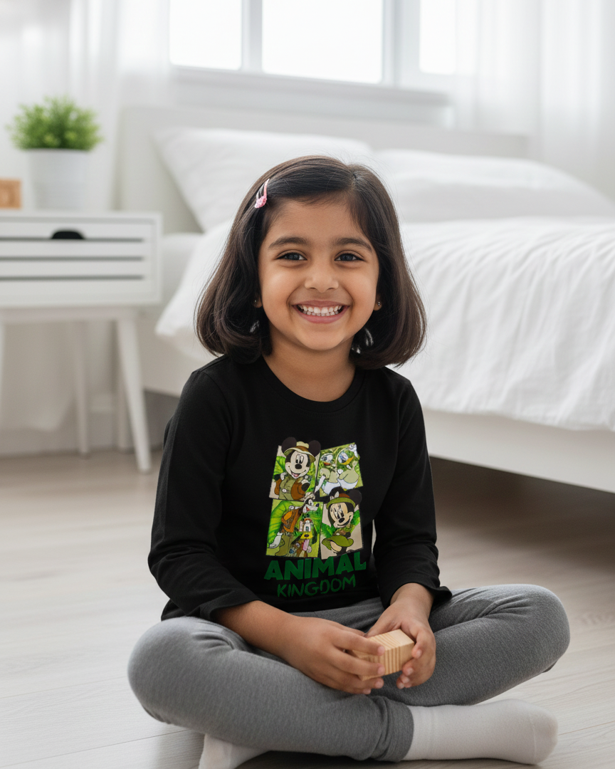 Young girl sitting on the floor wearing a black shirt with a colorful design and gray pants.
