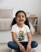 Young girl sitting on the floor wearing a white t-shirt with a colorful graphic design