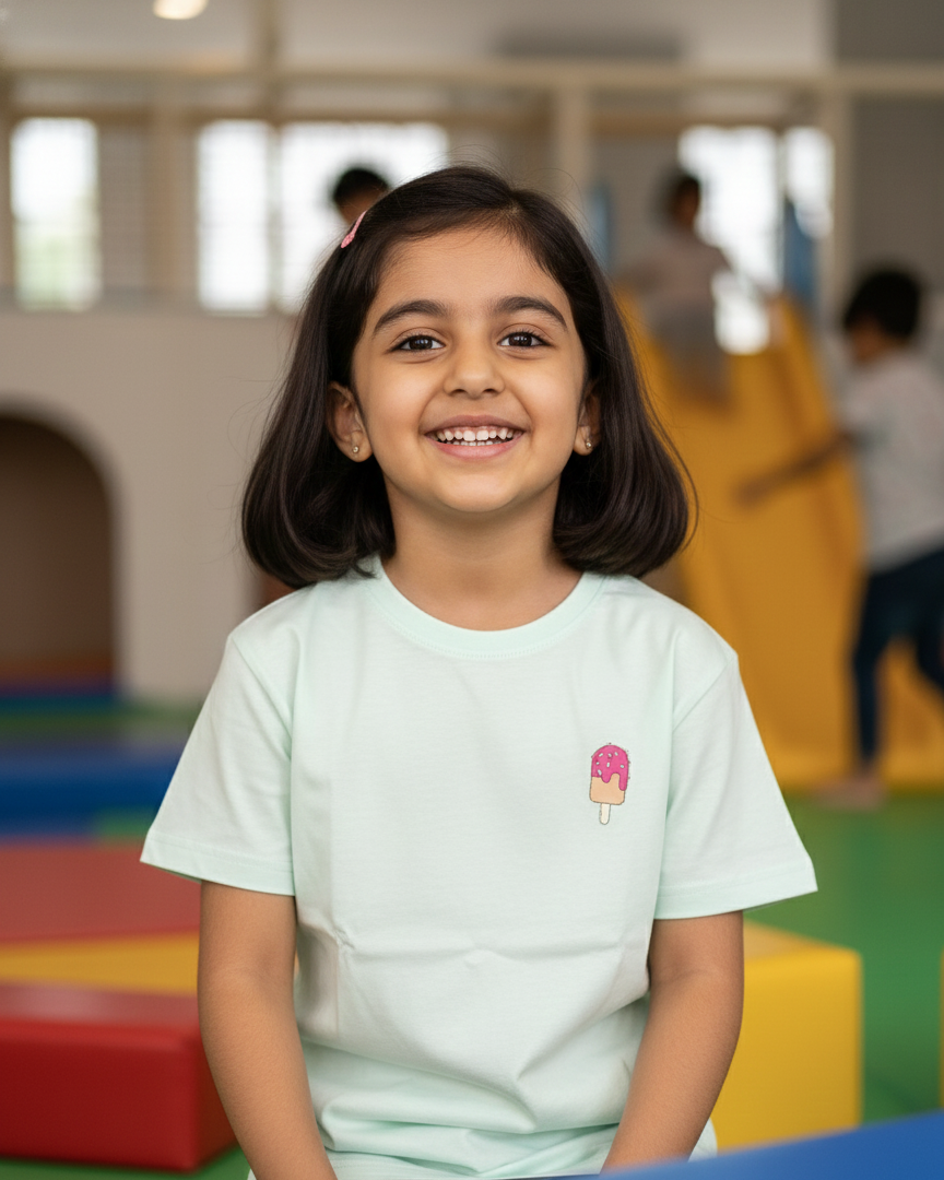 Young girl smiling in a colorful indoor play area
