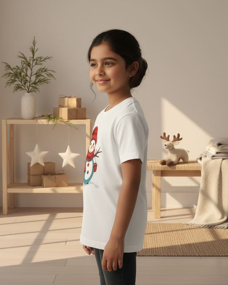 Young girl standing in a bright room with wooden furniture and decorative items.