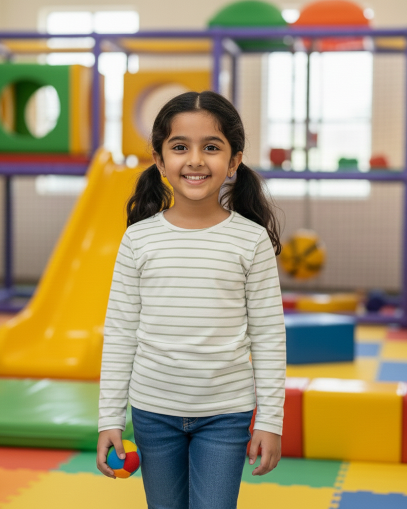 Young girl standing in a colorful indoor playground