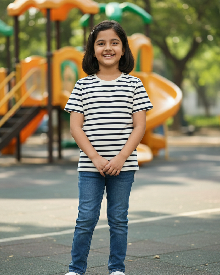 Young girl standing on a playground with a striped shirt and jeans