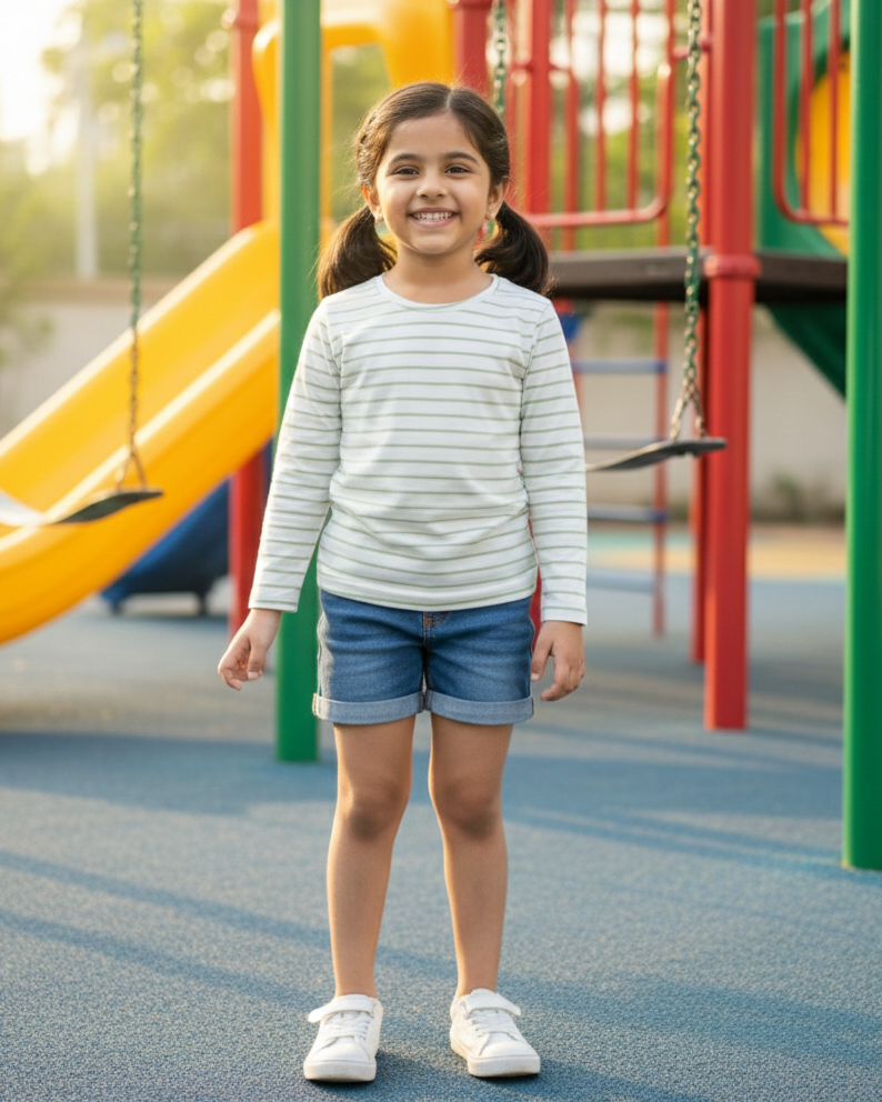 Young girl standing on a playground with colorful equipment in the background
