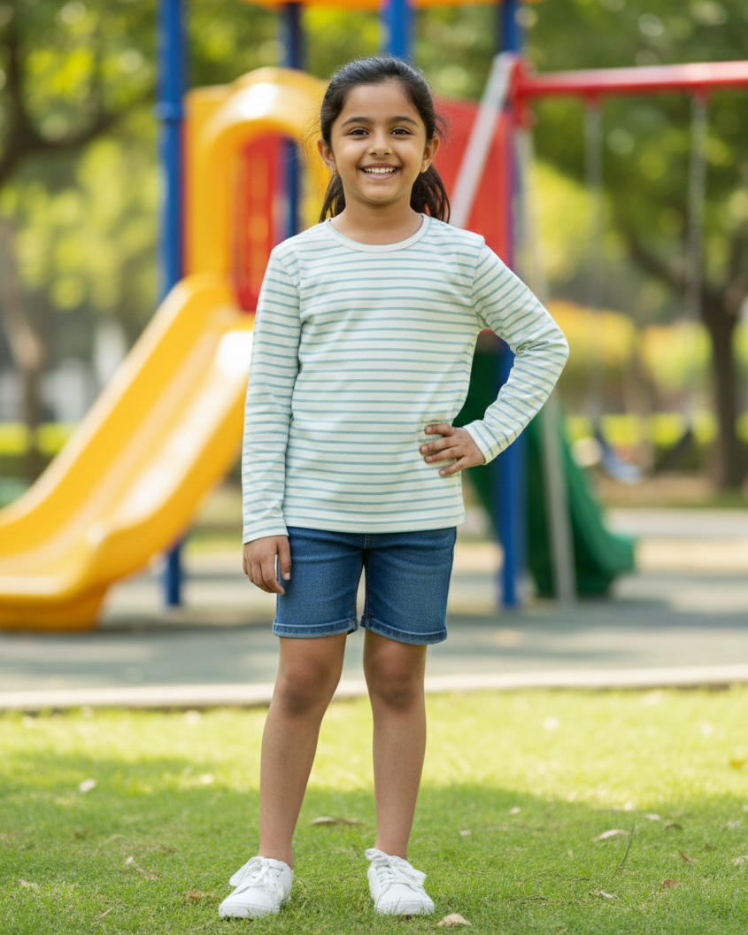 Young girl standing on grass with playground equipment in the background