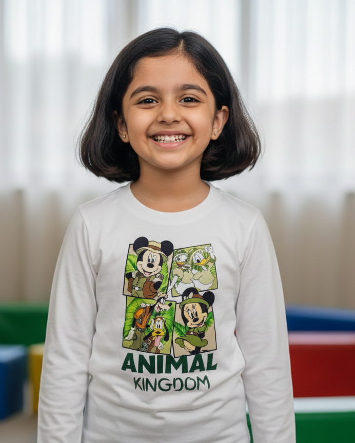 Young girl wearing a 'Disney Animal Kingdom' shirt in a colorful room.