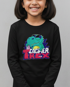 Young girl wearing a black long-sleeve shirt with a colorful dinosaur graphic and text on a gray background
