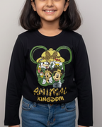 Young girl wearing a black shirt with a Disney character design on a gray background