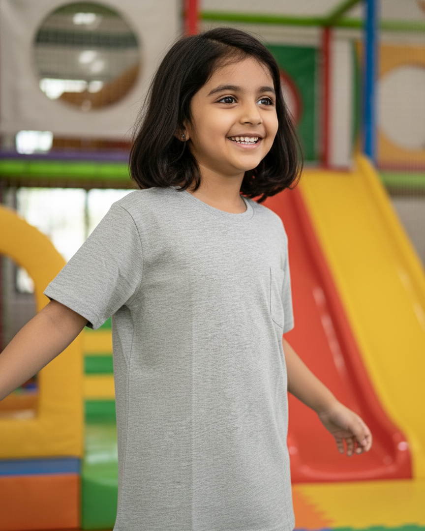 Young girl wearing a gray t-shirt in an indoor playground setting