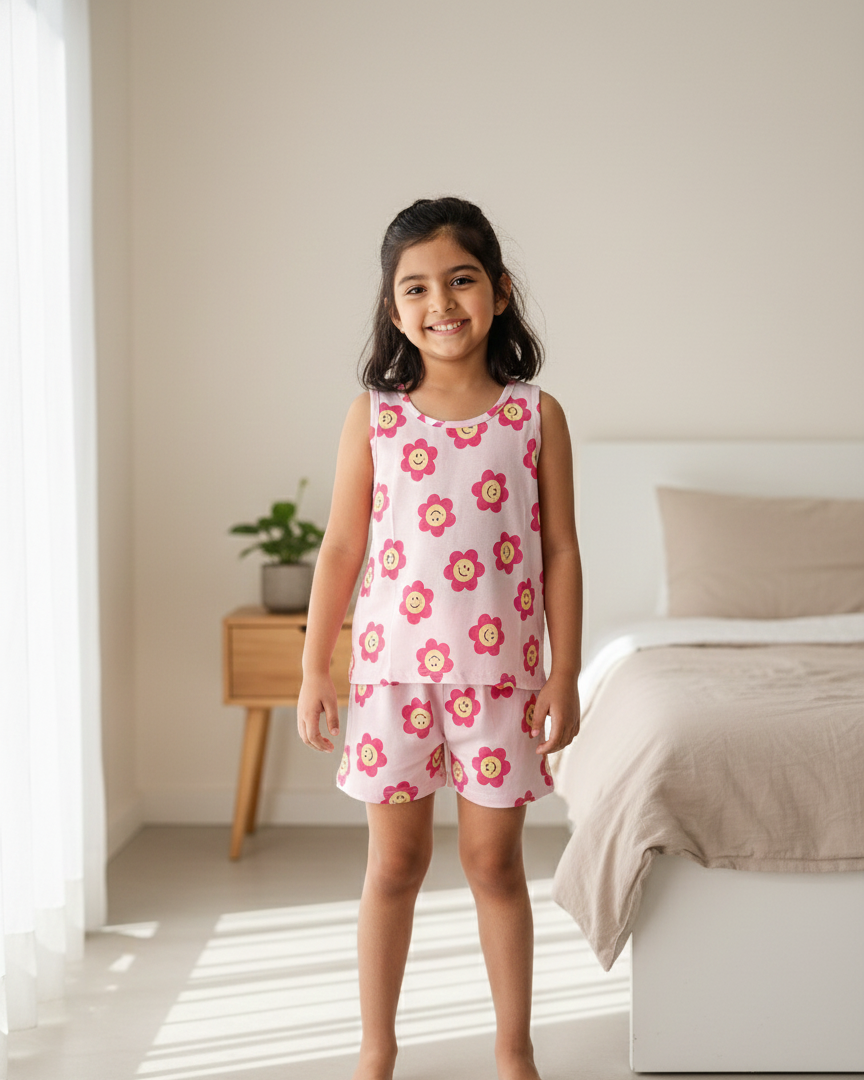 Young girl wearing a pink floral dress standing in a bedroom.