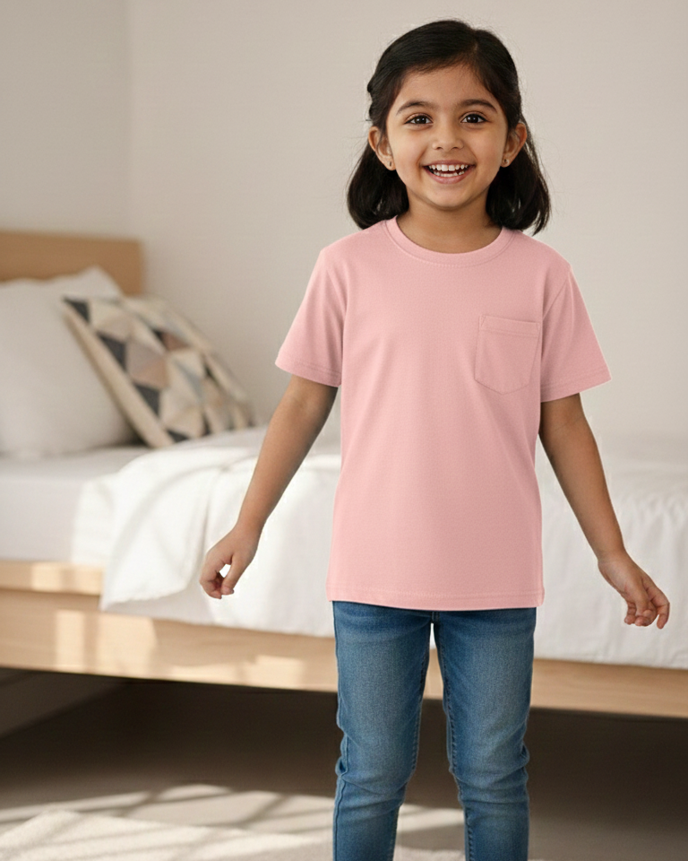 Young girl wearing a pink t-shirt and blue jeans standing in a bedroom.