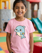 Young girl wearing a pink t-shirt with a cartoon dolphin design in a colorful playground.