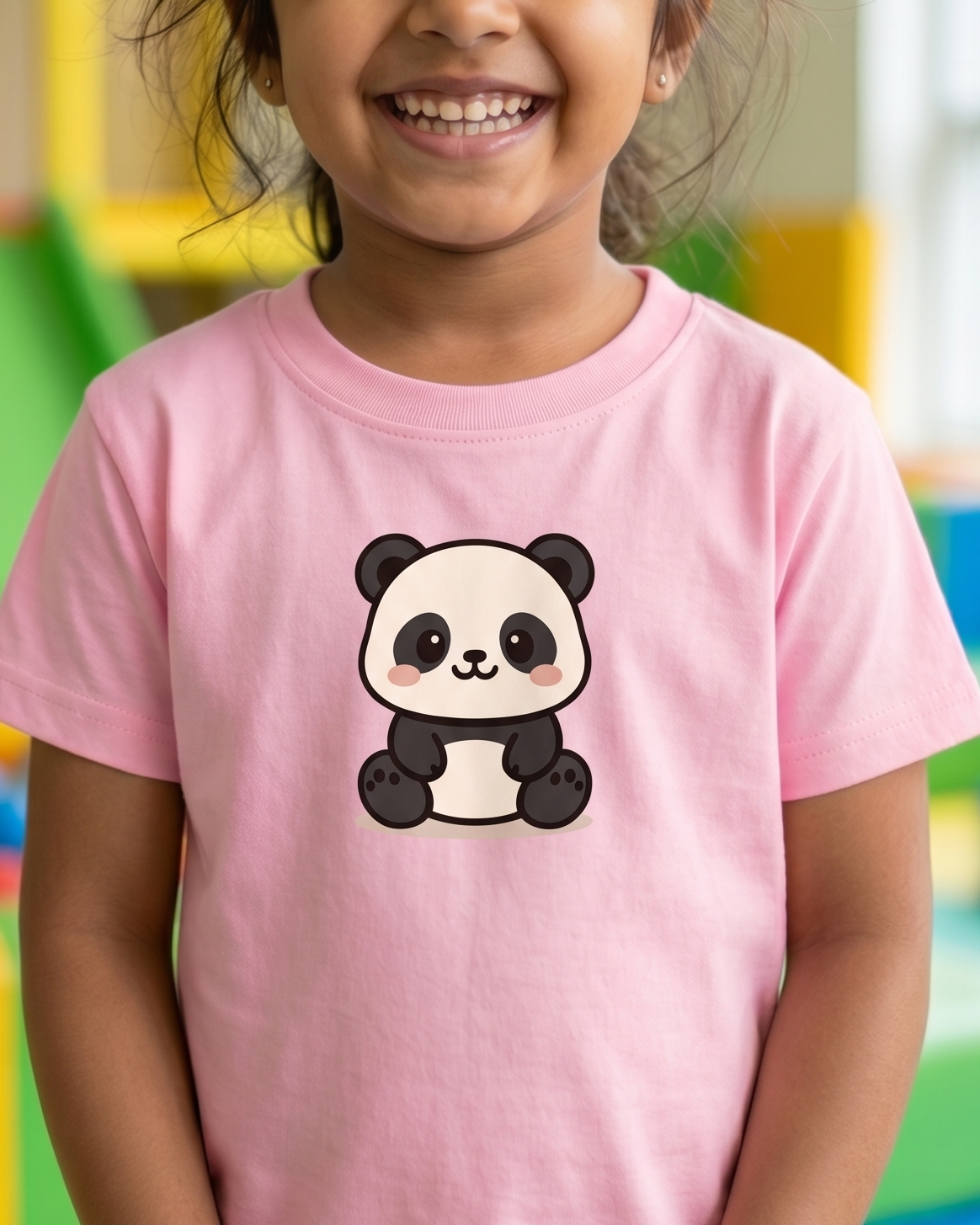 Young girl wearing a pink t-shirt with a panda design in a colorful indoor playground.
