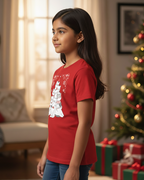 Young girl wearing a red Christmas-themed t-shirt in a living room with a decorated tree and presents.