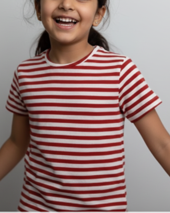 Young girl wearing a red and white striped shirt against a plain background