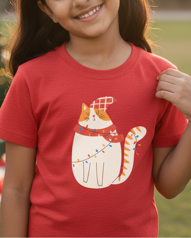 Young girl wearing a red shirt with a cat design, standing outdoors with a Christmas tree in the background.
