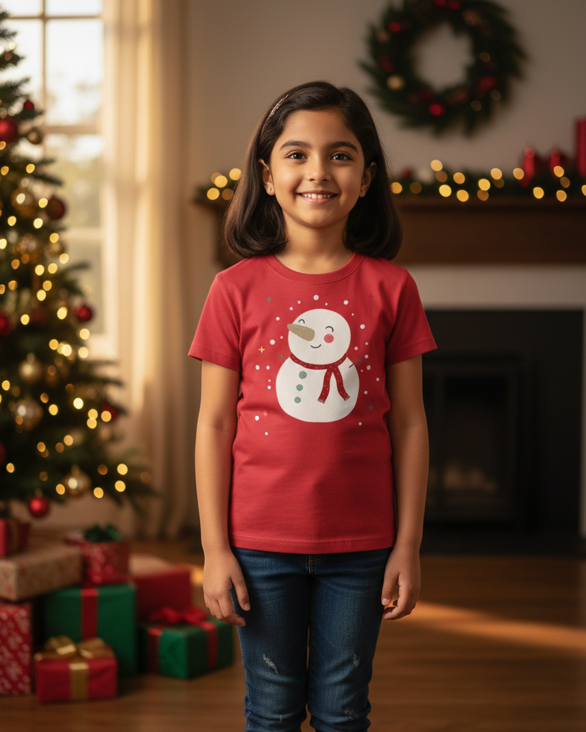 Young girl wearing a red shirt with a snowman design in a festive room with Christmas decorations.