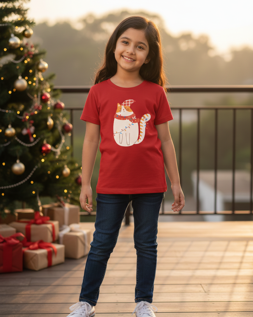 Young girl wearing a red t-shirt with a Christmas design, standing on a wooden deck with a decorated Christmas tree in the background.