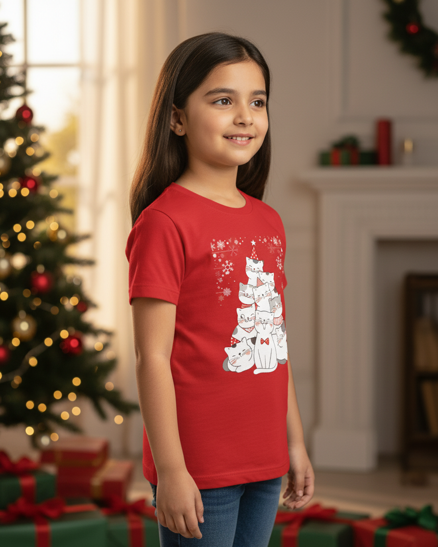 Young girl wearing a red t-shirt with a Christmas tree design, standing in a festive room with a decorated tree and presents.