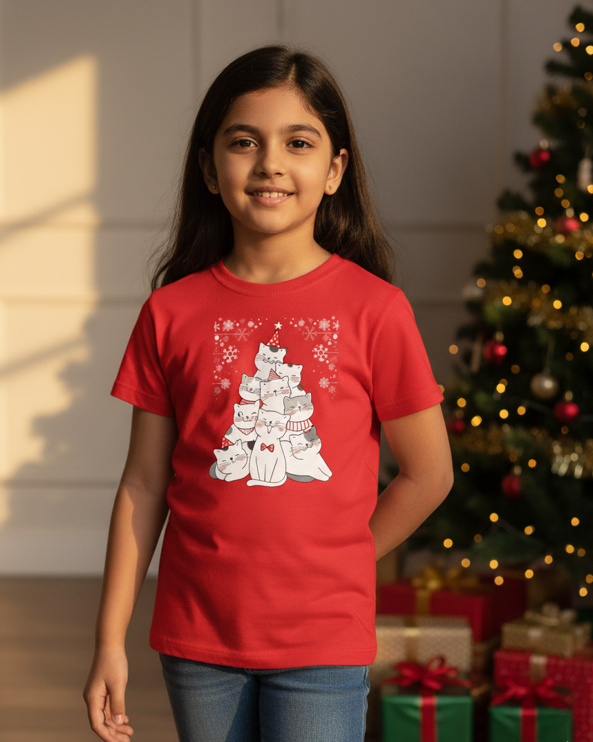 Young girl wearing a red t-shirt with a graphic design, standing in front of a decorated Christmas tree and presents.