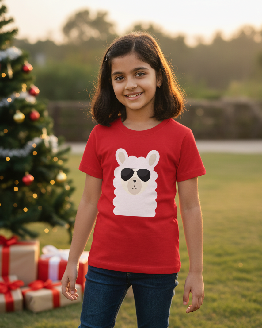 Young girl wearing a red t-shirt with a llama graphic, standing outdoors with Christmas decorations in the background.
