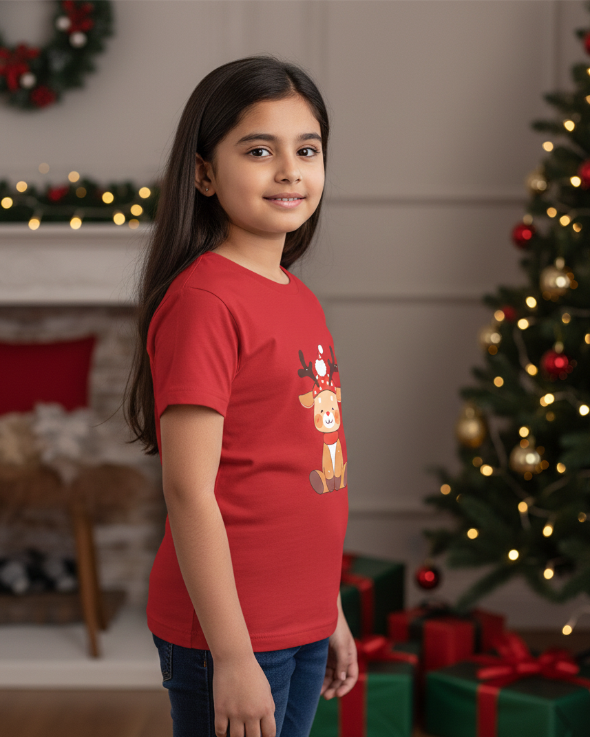 Young girl wearing a red t-shirt with a reindeer design in a festive room with Christmas decorations.