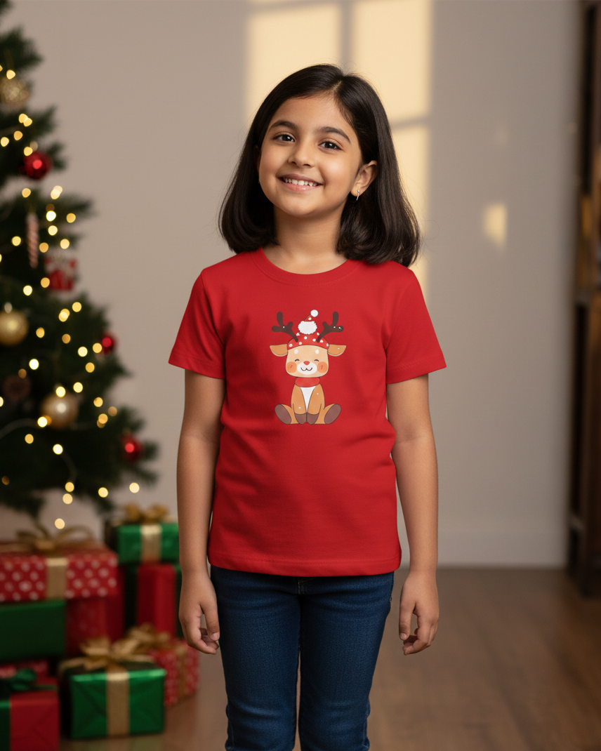 Young girl wearing a red t-shirt with a reindeer design in front of a Christmas tree and presents.