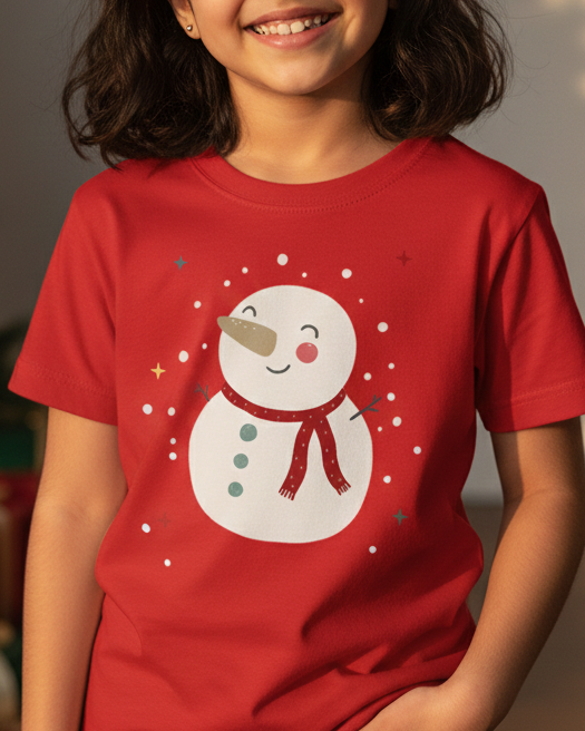 Young girl wearing a red t-shirt with a snowman design, standing in front of a decorated Christmas tree and presents.