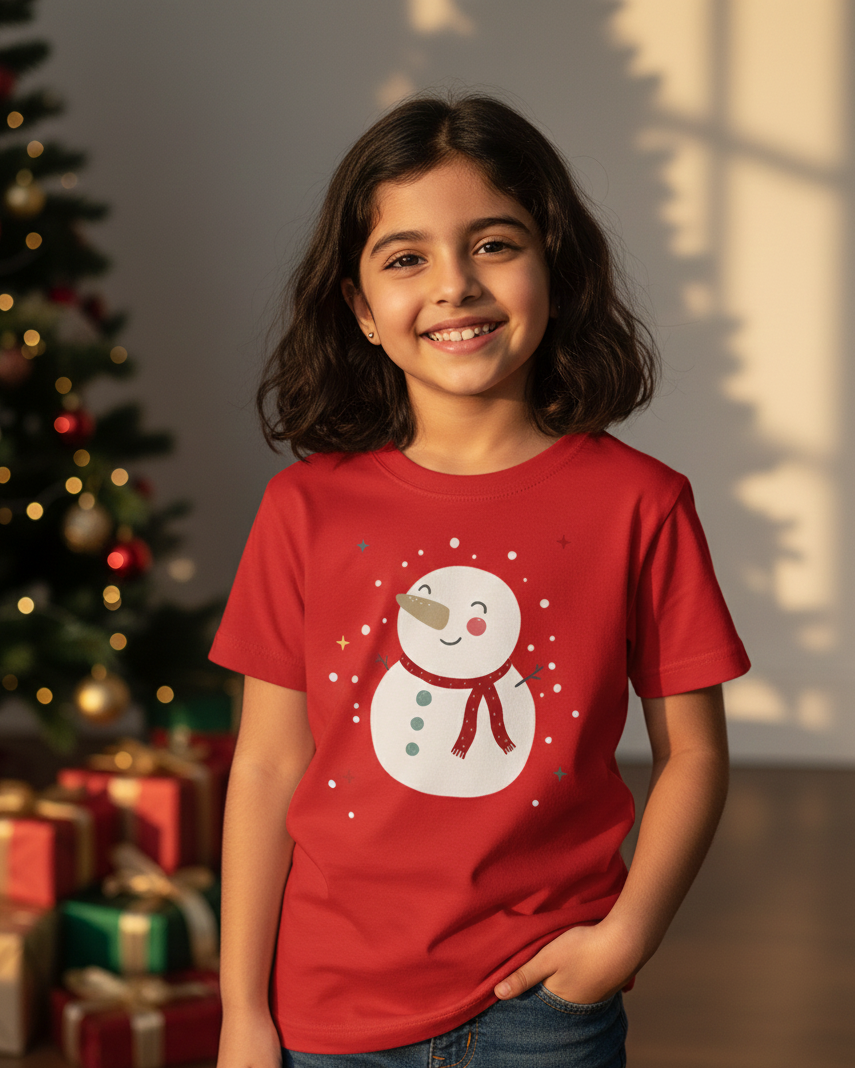Young girl wearing a red t-shirt with a snowman design, standing in front of a decorated Christmas tree and presents