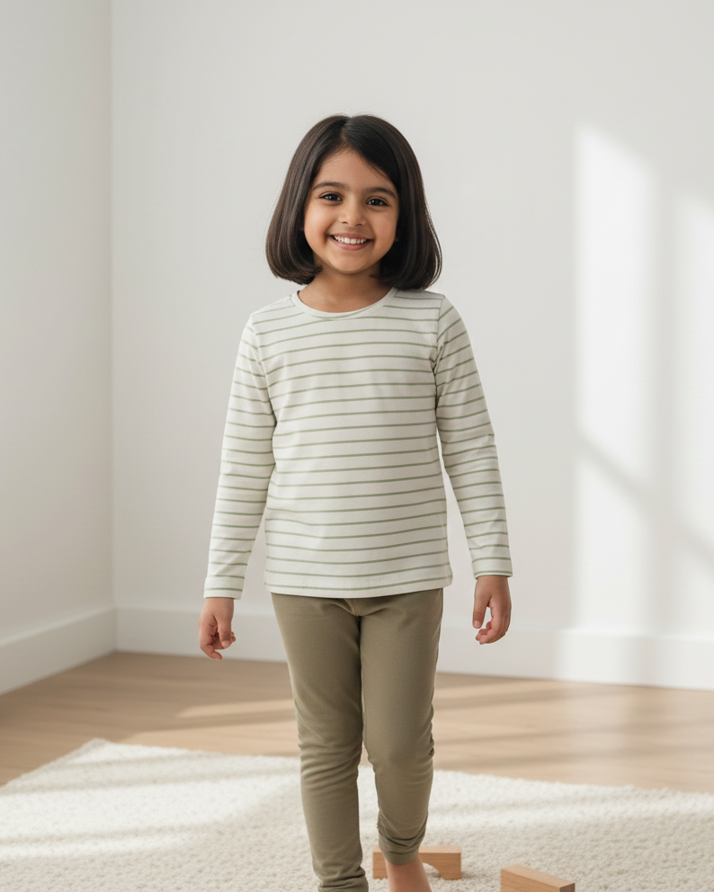 Young girl wearing a striped shirt and beige pants standing in a bright room with white walls and wooden floor.