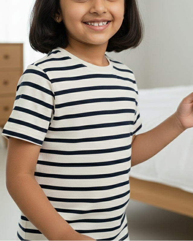 Young girl wearing a striped shirt in a bedroom setting