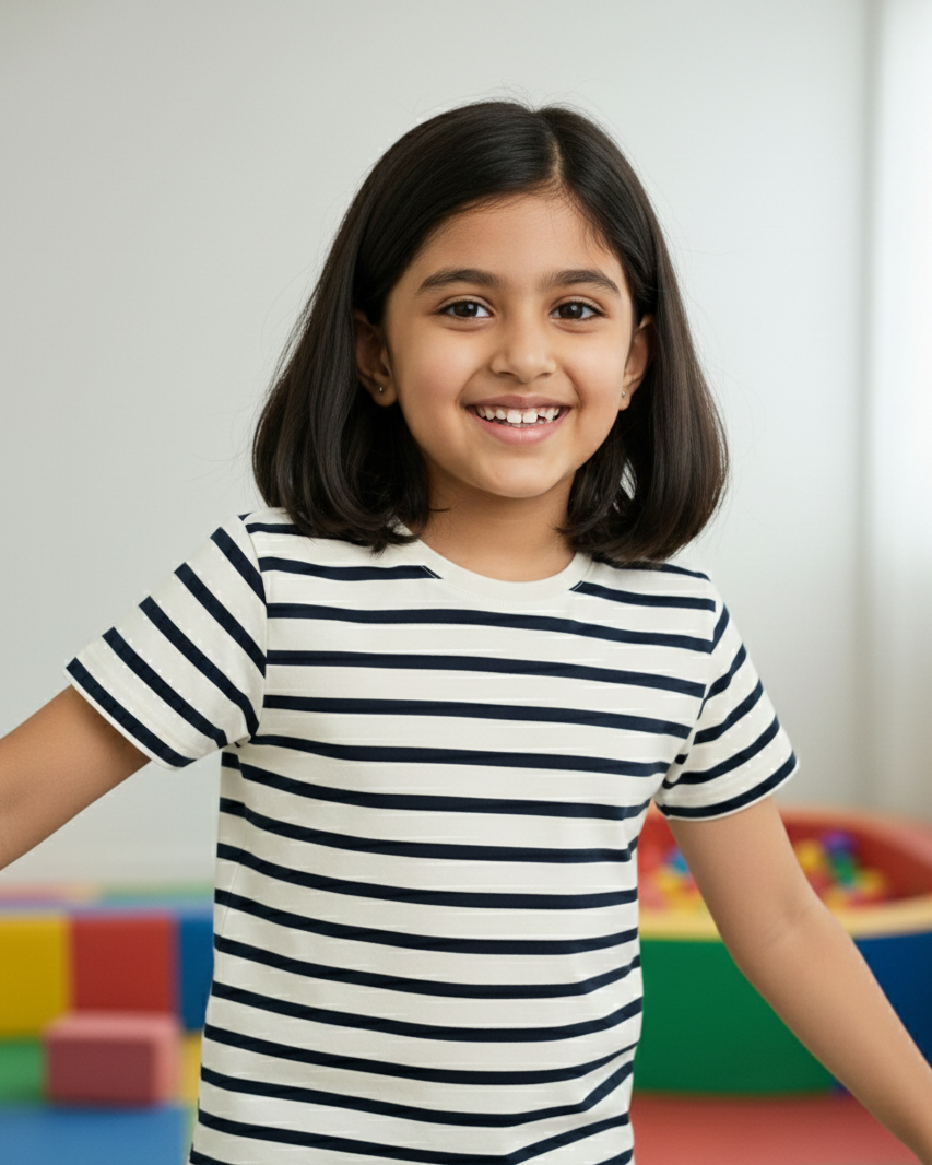 Young girl wearing a striped shirt in a colorful indoor setting