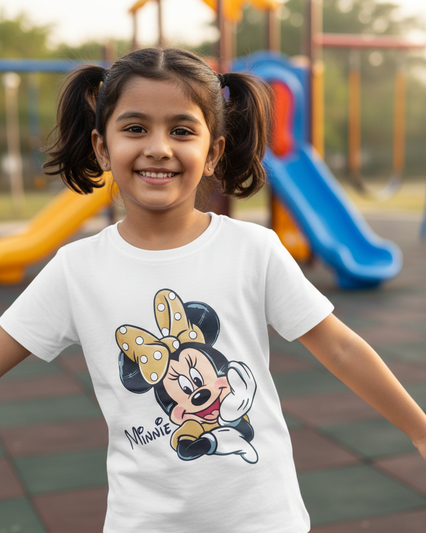 Young girl wearing a t-shirt with a cartoon character on a playground.