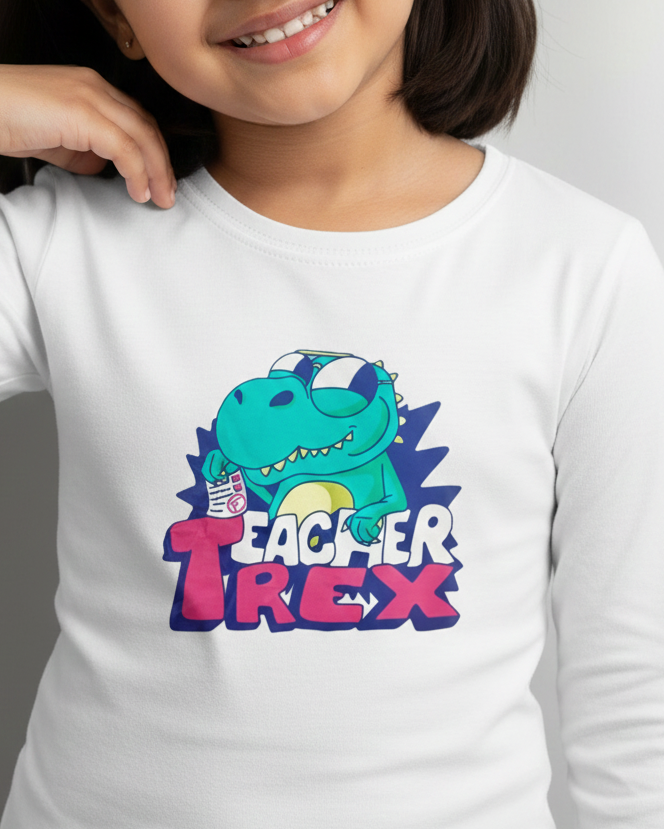 Young girl wearing a white long-sleeve shirt with 'Teacher T-Rex' graphic design.