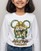 Young girl wearing a white long-sleeve shirt with a 'Disney Animal Kingdom' design on a gray background