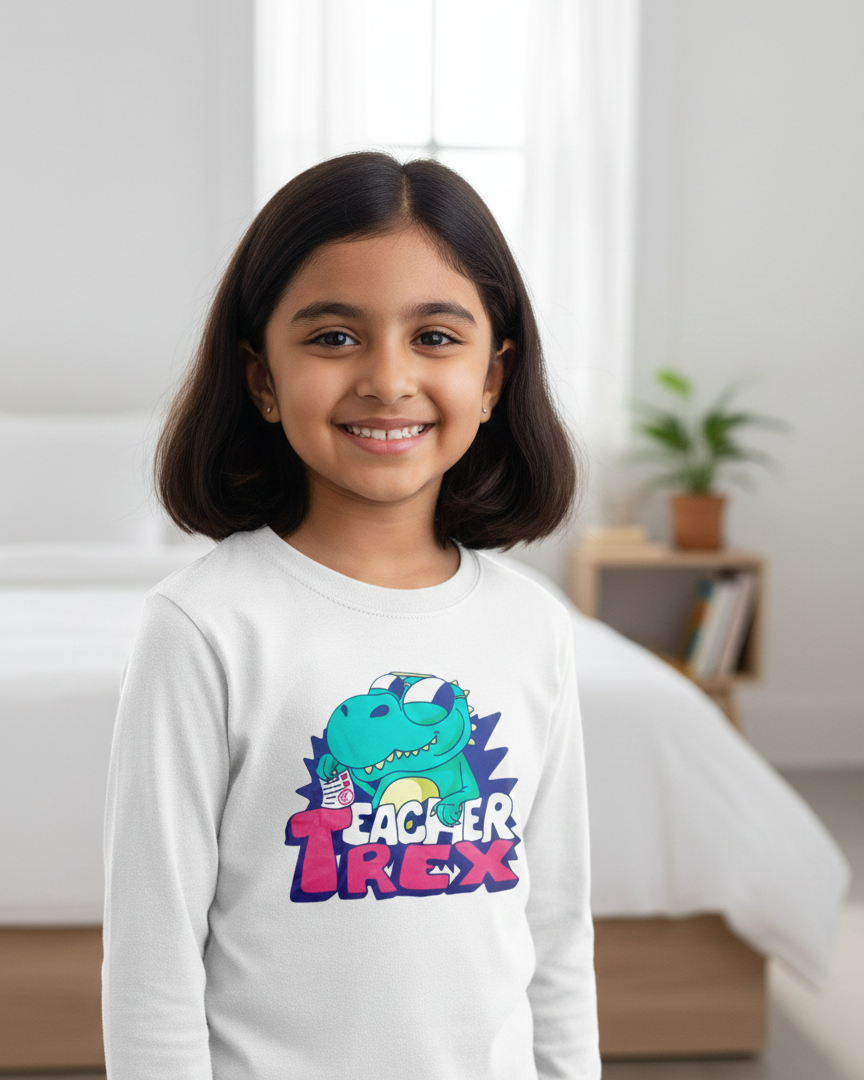 Young girl wearing a white long-sleeve shirt with a colorful dinosaur graphic and text.