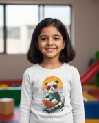 Young girl wearing a white long-sleeve shirt with a panda design in an indoor setting