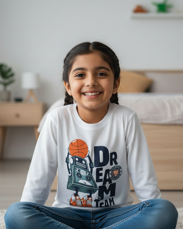 Young girl wearing a white sweatshirt with a graphic design sitting on the floor in a bedroom.