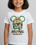 Young girl wearing a white t-shirt with 'Animal Kingdom' design on a gray background