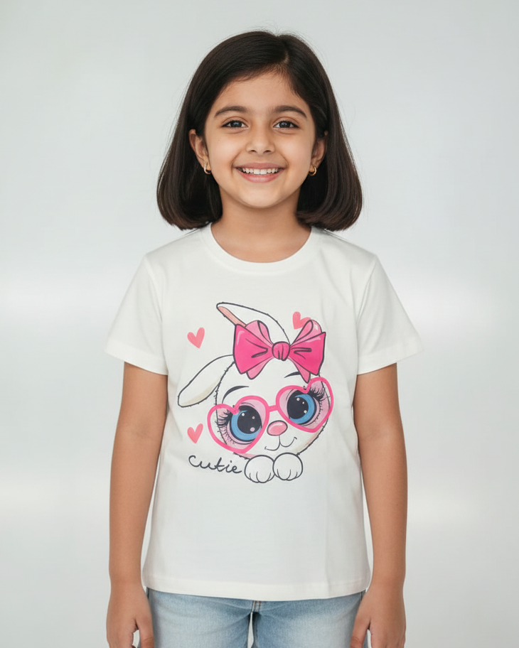 Young girl wearing a white t-shirt with a cartoon bunny design on a plain background