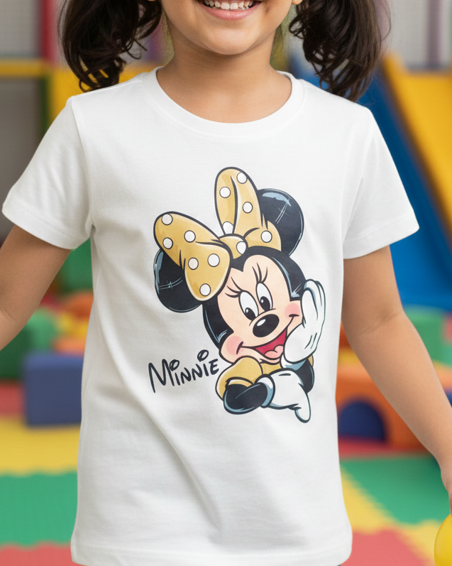 Young girl wearing a white t-shirt with a cartoon character, standing in a colorful playground