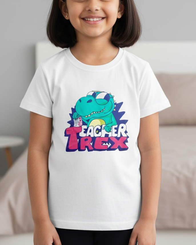 Young girl wearing a white t-shirt with a colorful dinosaur graphic and text in a bedroom setting.