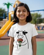 Young girl wearing a white t-shirt with a cow holding flowers design on a playground.