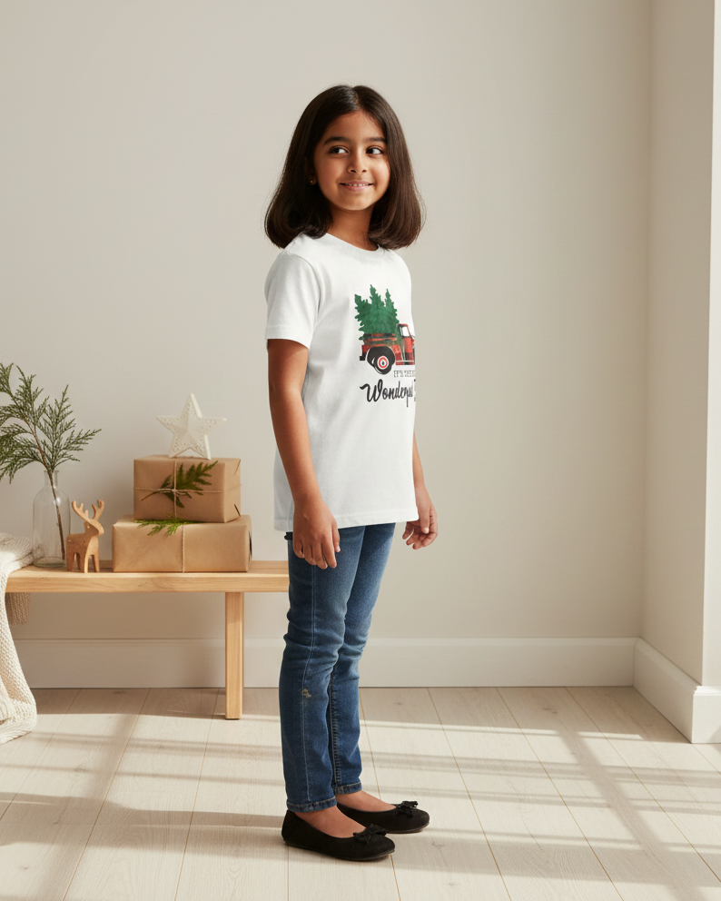 Young girl wearing a white t-shirt with a graphic design, standing in a room with a wooden bench and plants.