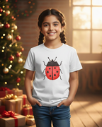 Young girl wearing a white t-shirt with a ladybug design in front of a decorated Christmas tree.