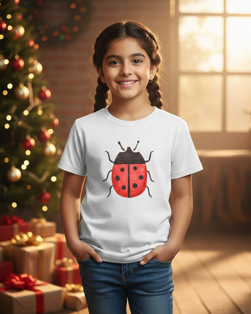 Young girl wearing a white t-shirt with a ladybug design in front of a decorated Christmas tree.