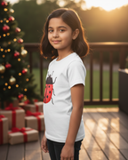 Young girl wearing a white t-shirt with a ladybug design, standing outdoors with Christmas decorations in the background.