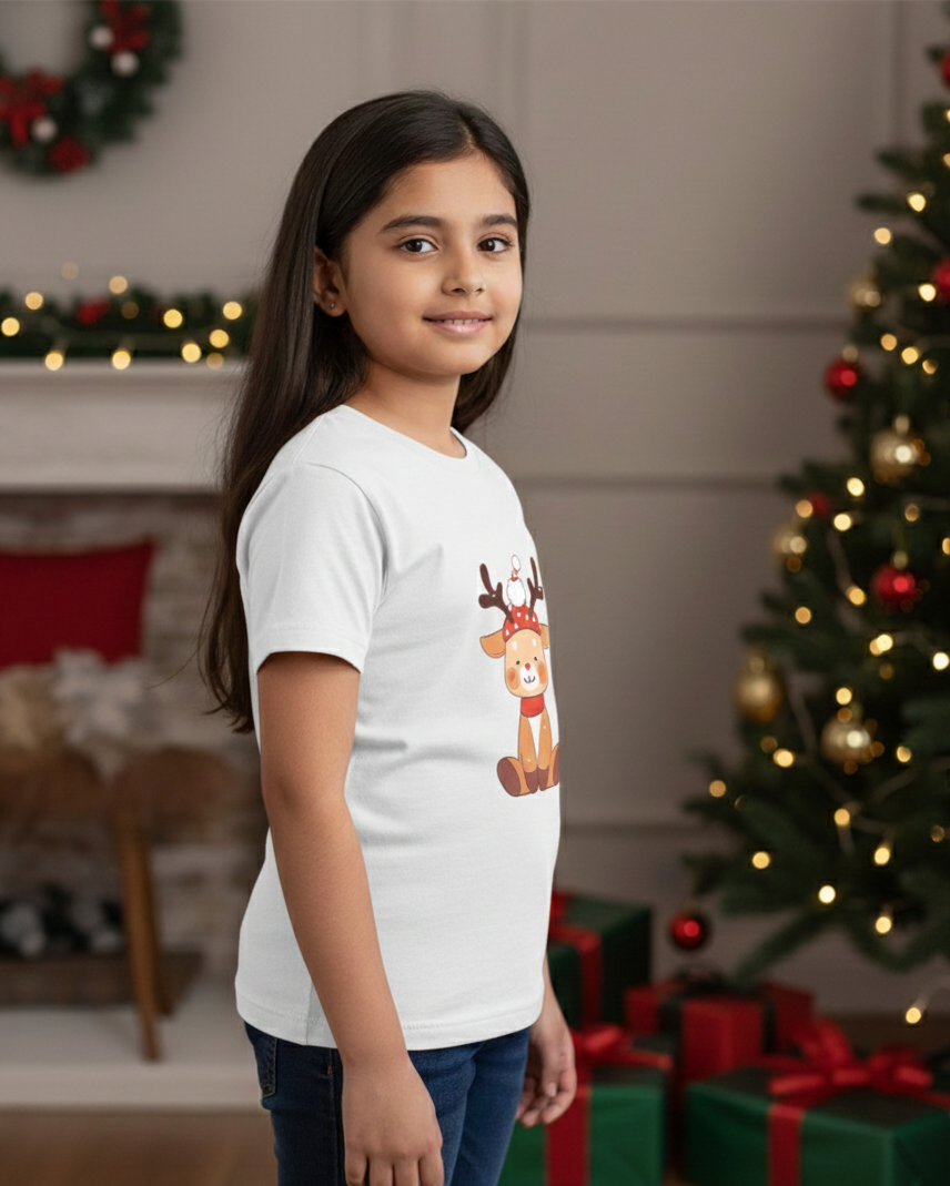 Young girl wearing a white t-shirt with a reindeer design in a festive room with Christmas decorations.