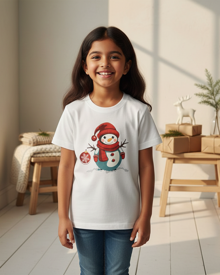 Young girl wearing a white t-shirt with a snowman design in a bright room.