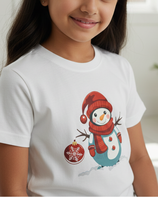 Young girl wearing a white t-shirt with a snowman design in a bright room